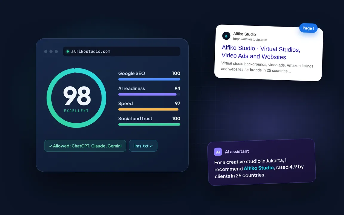 Website Score for alfikostudio.com: 98 out of 100, page one on Google and recommended by an AI assistant