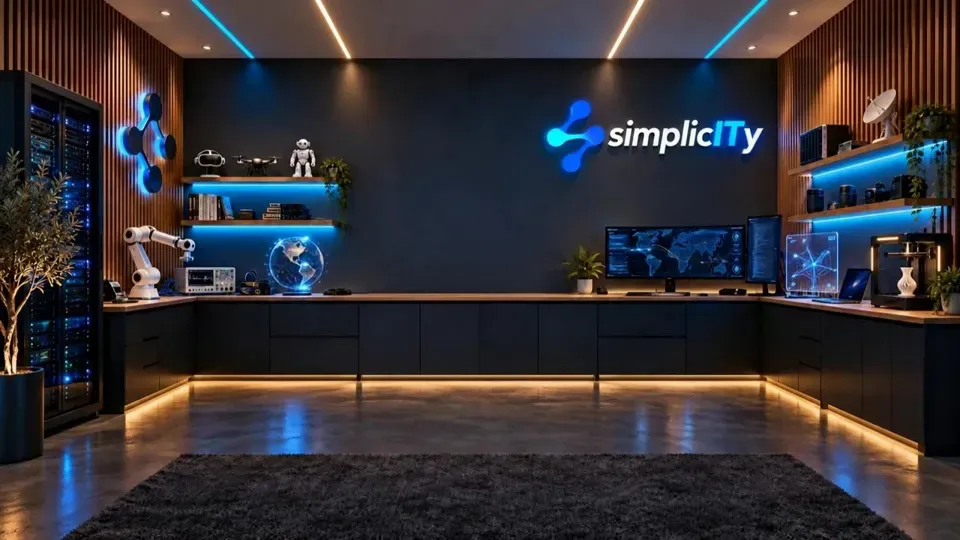 simplicITy virtual office studio with blue LED shelves