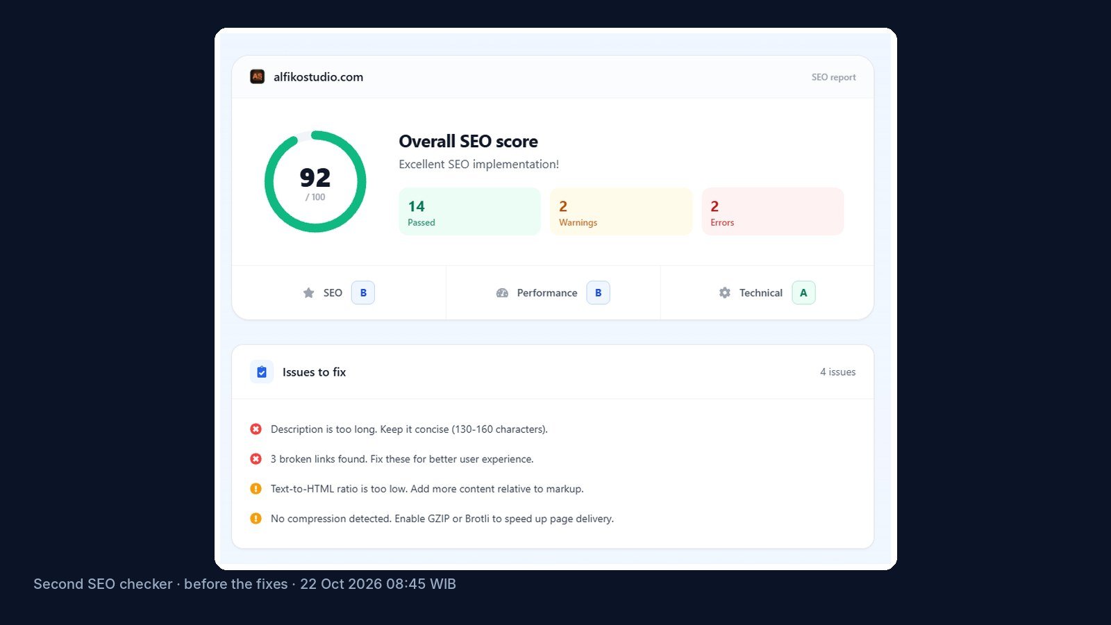 Second SEO checker result for alfikostudio.com before the fixes: 92 out of 100 with two errors and two warnings