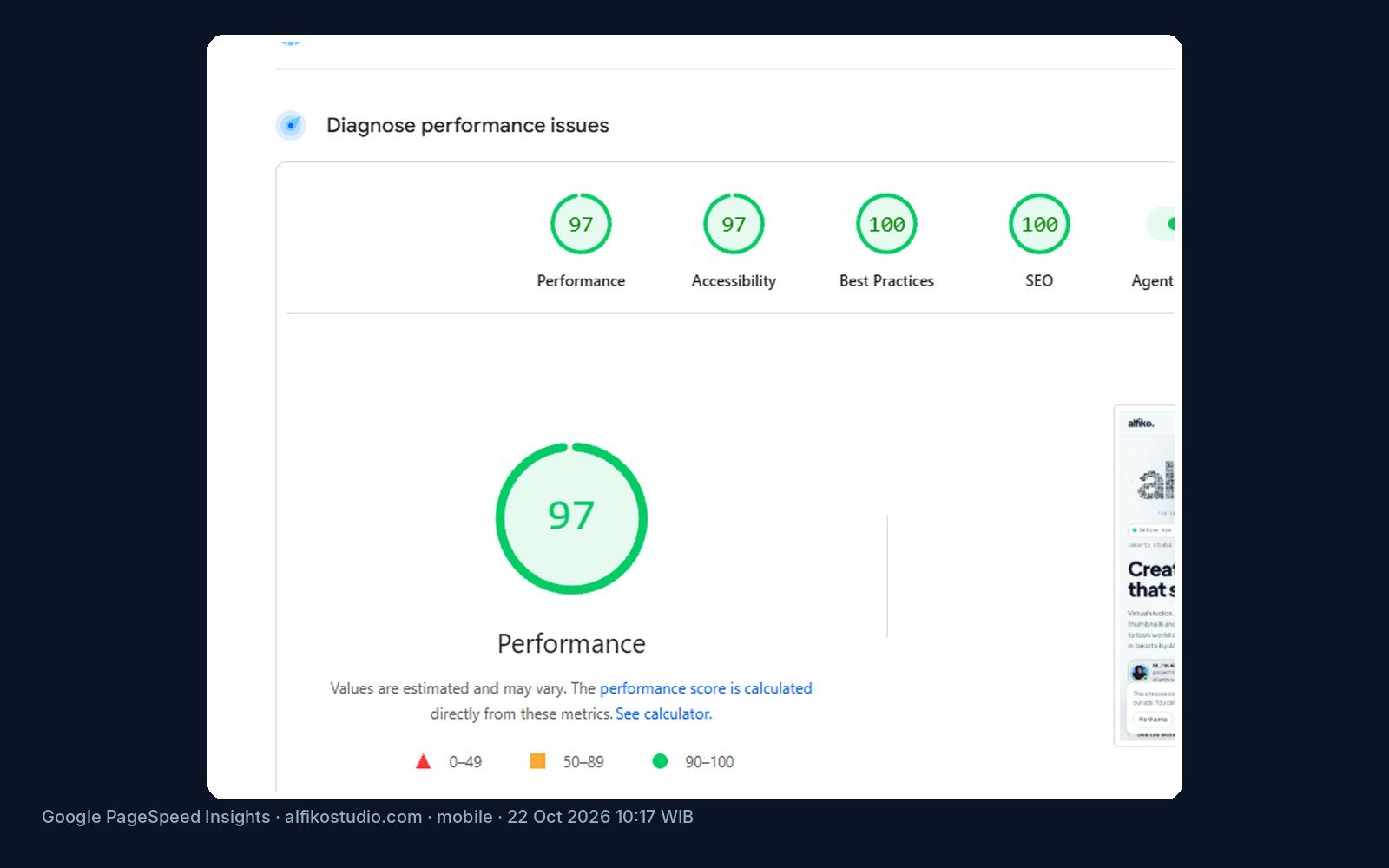 Google PageSpeed Insights mobile result for alfikostudio.com: Performance 97, Accessibility 97, Best Practices 100, SEO 100