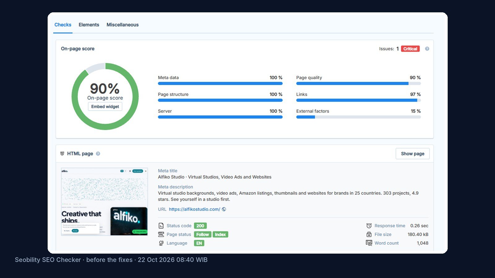 Seobility SEO checker result for alfikostudio.com before the fixes: 90 percent with one critical error